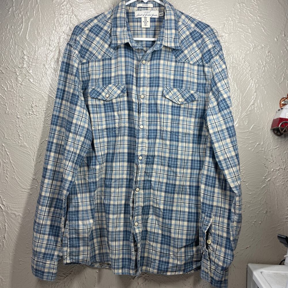 Label of Graded Goods H&M White Blue Snap Button Cotton Plaid Shirt Mens Sz‎ XL
